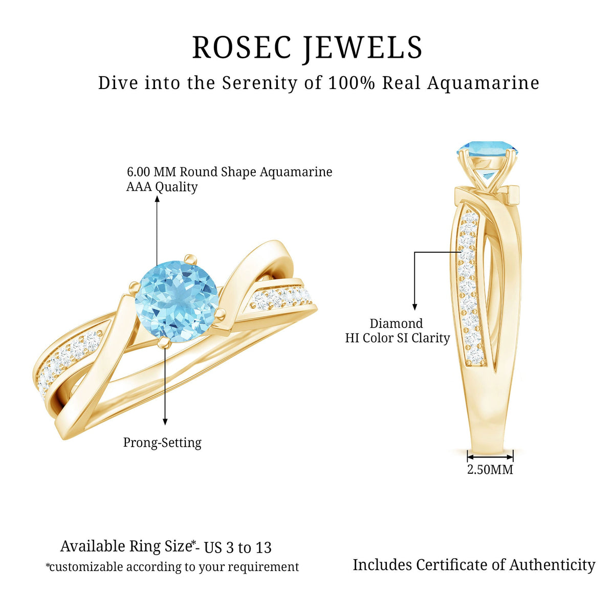 Natural 0.8 carat aquamarine and diamond infinity engagement ring from Rosec Jewels, featuring a detailed band and sparkling stones.