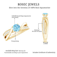 Natural 0.8 carat aquamarine and diamond infinity engagement ring from Rosec Jewels, featuring a detailed band and sparkling stones.