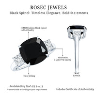 Cushion Cut Black Spinel Solitaire Engagement Ring with Moissanite