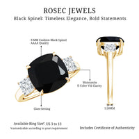 Cushion Cut Black Spinel Solitaire Engagement Ring with Moissanite