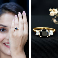 Cushion Cut Black Spinel Solitaire Engagement Ring with Moissanite