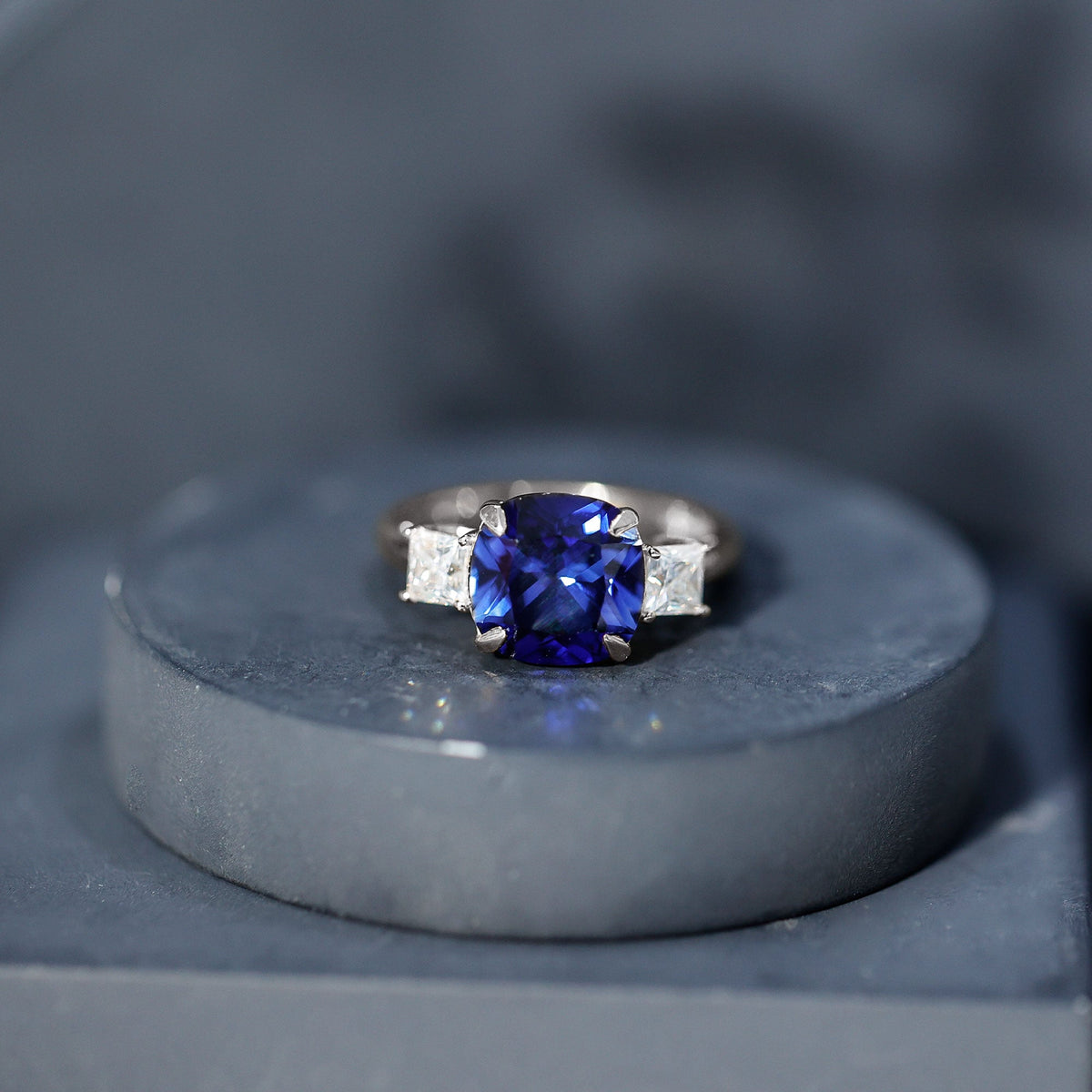 Certified 5.98 Carat Lab Grown Blue Sapphire Big Engagement Ring with Moissanite