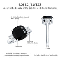 3.8 Carat Cushion Cut Lab Grown Black Diamond Three Engagement Ring with Moissanite
