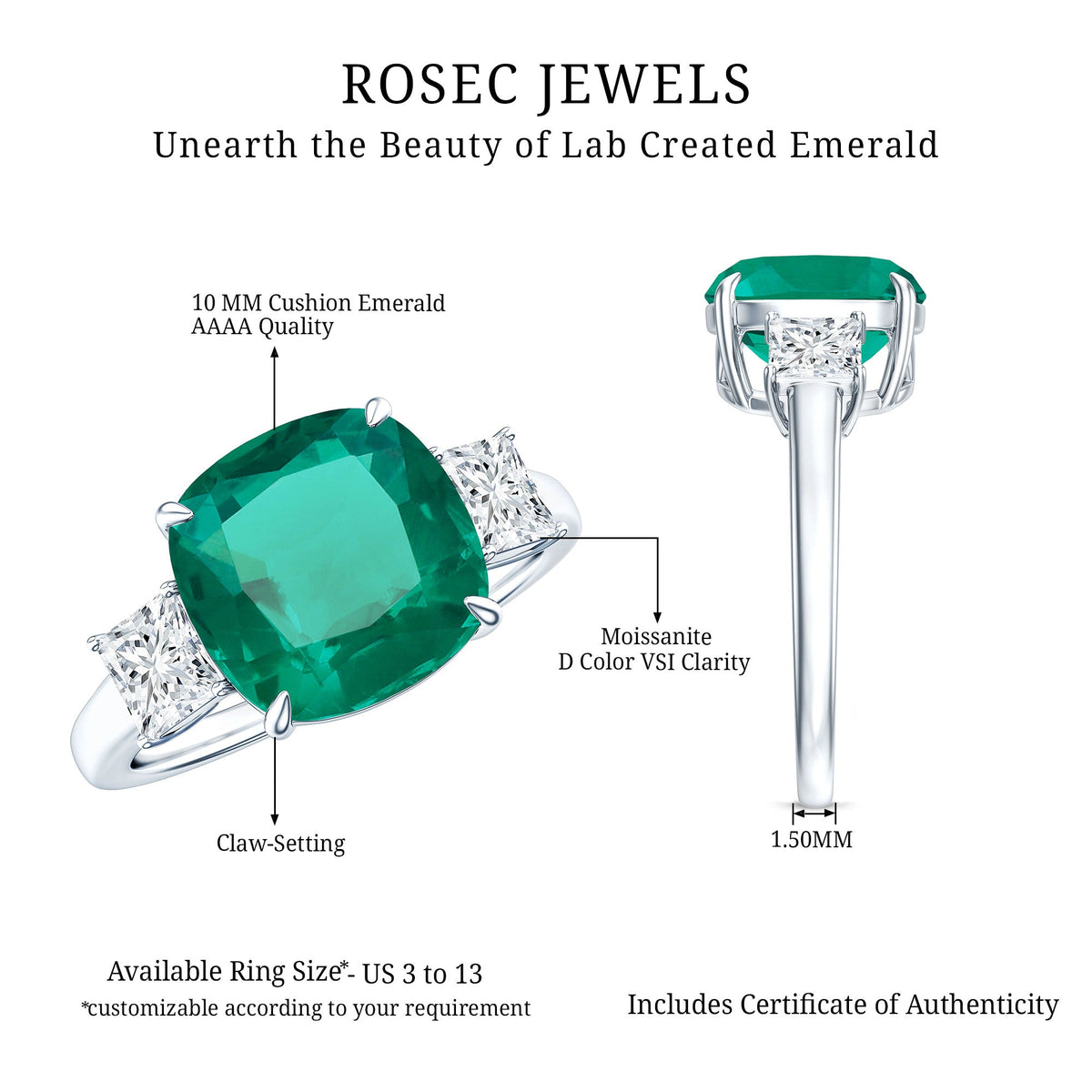 Lab Grown Emerald Cushion Engagement Ring with Moissanite