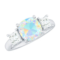 1.8 Carat Genuine Cushion Cut Ethiopian Opal 3 Stone Engagement Ring with Moissanite