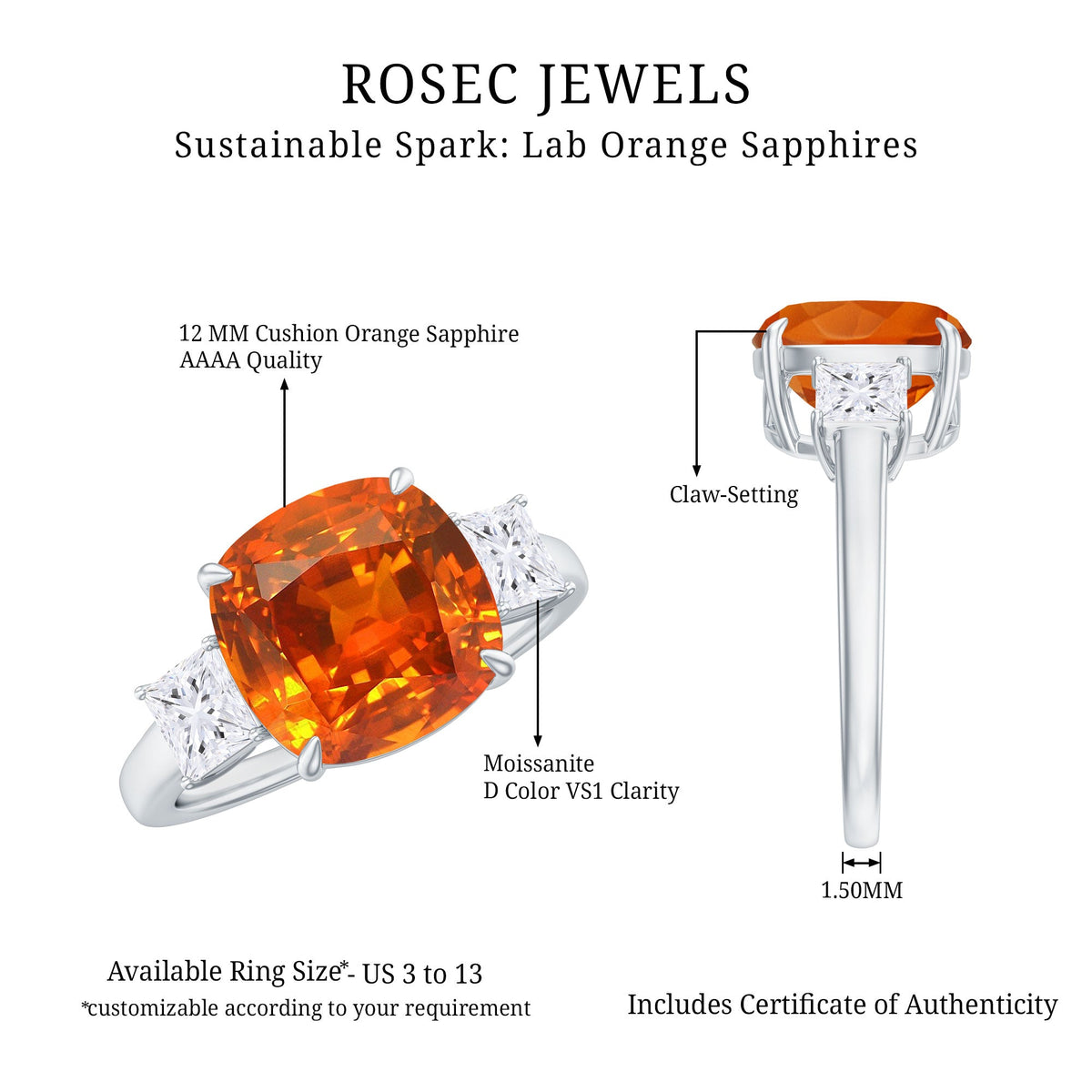 9 Carat Cushion Cut Lab Grown Orange Sapphire 3 Stone Engagement Ring