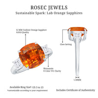 9 Carat Cushion Cut Lab Grown Orange Sapphire 3 Stone Engagement Ring