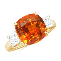 9 Carat Cushion Cut Lab Grown Orange Sapphire 3 Stone Engagement Ring