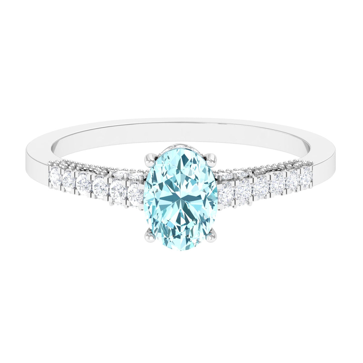 Oval 1 Carat genuine aquamarine engagement ring with diamond side stones, set in a Rosec Jewels ring with intricate band details.
