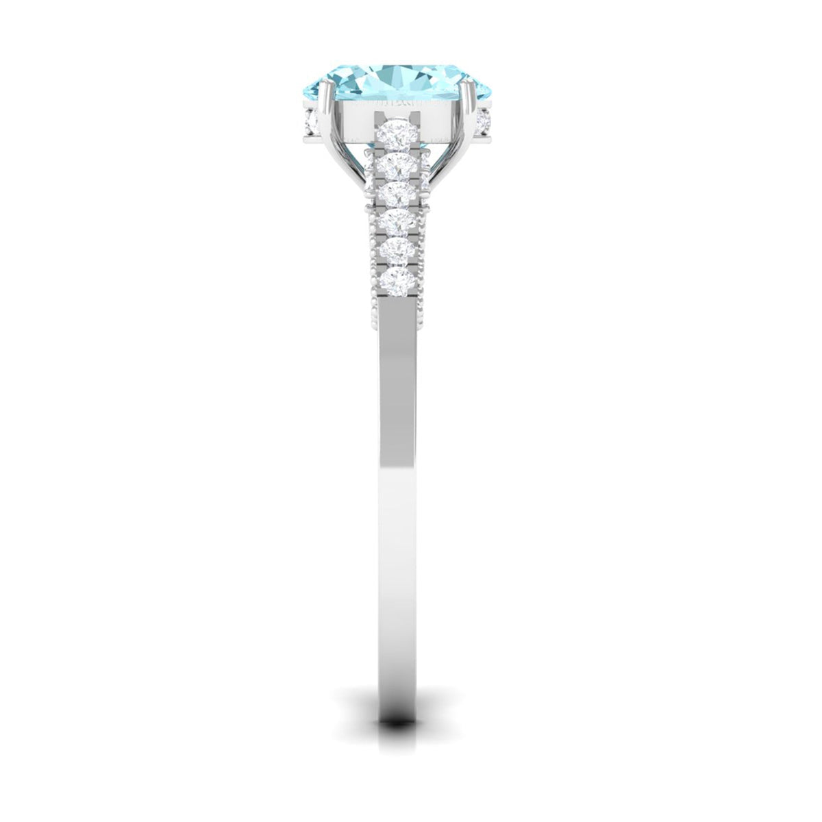 Oval 1 Carat genuine aquamarine engagement ring by Rosec Jewels with diamond side stones, showcasing the elegant ring setting.