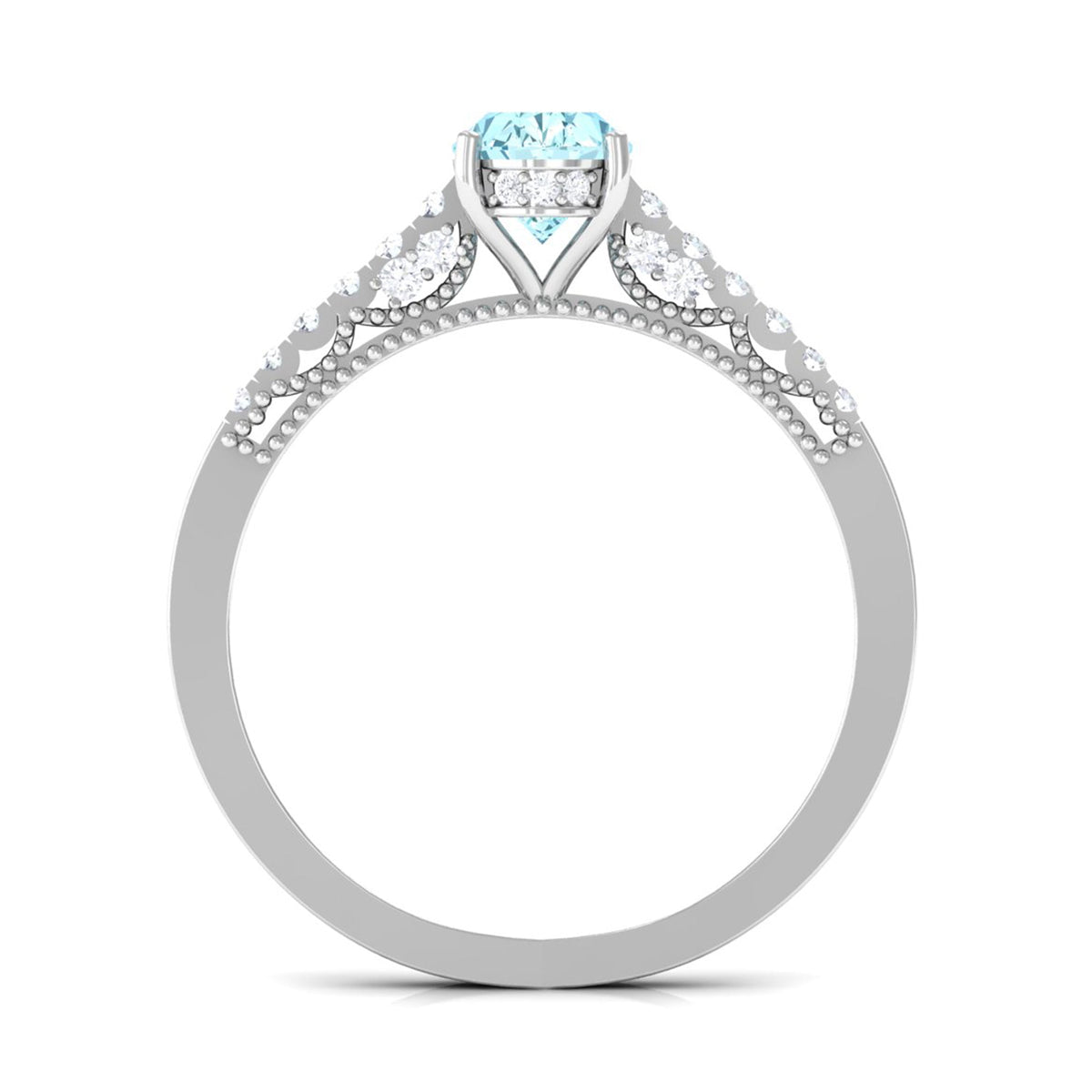 Oval 1 carat genuine aquamarine engagement ring with diamond side stones, featuring a rose gold band from Rosec Jewels.