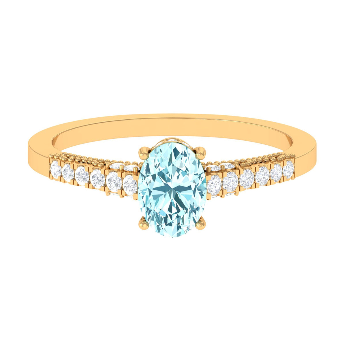 Oval 1 Carat genuine aquamarine engagement ring with diamond side stones from Rosec Jewels, showcasing the elegant ring design.