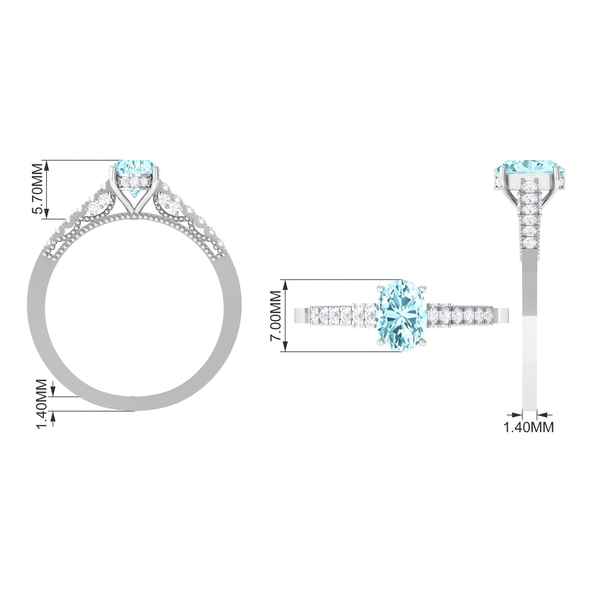 Oval 1 carat genuine aquamarine engagement ring with diamond side stones from Rosec Jewels, showcasing the elegant design and sparkling details.