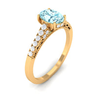 Oval 1 carat genuine aquamarine engagement ring with diamond side stones, featuring a Rosec Jewels design in sterling silver.