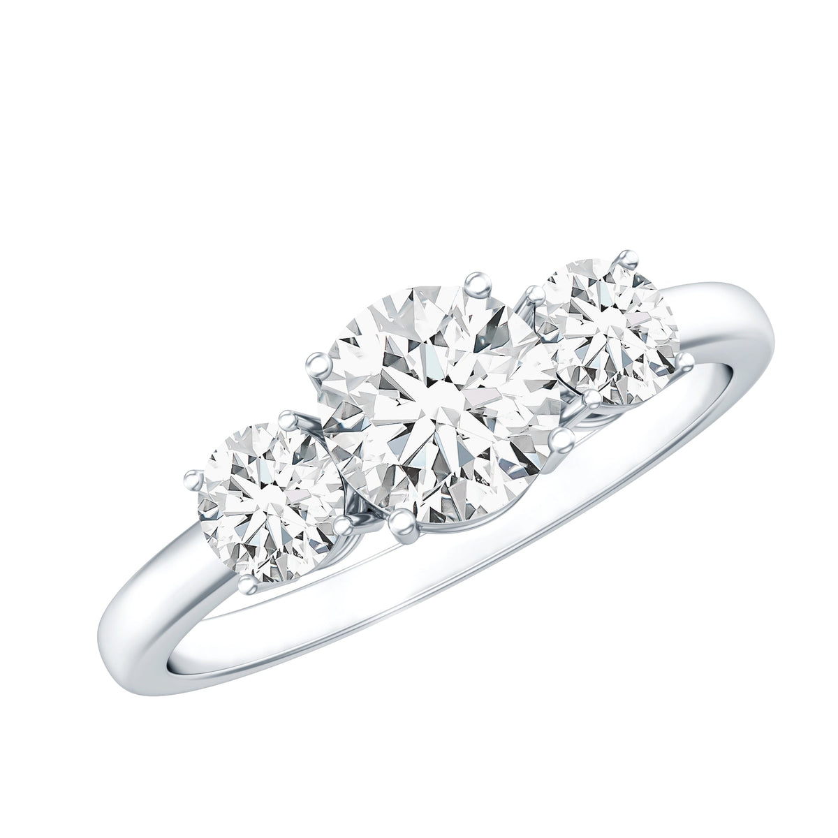 Certified Moissanite three stone engagement ring for women featuring sparkling stones and elegant design by Rosec Jewels.