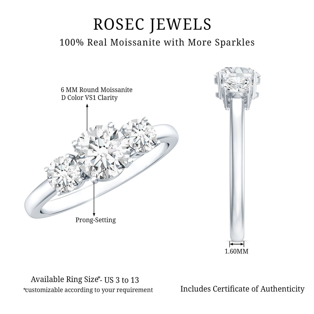 Rosec Jewels certified moissanite three stone engagement ring with sparkling stones and intricate band design.