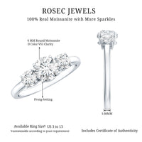 Rosec Jewels certified moissanite three stone engagement ring with sparkling stones and intricate band design.
