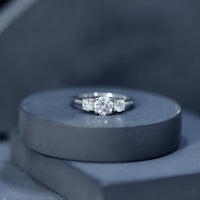 Certified Moissanite three-stone engagement ring for her with rose gold band, featuring sparkling gemstones from Rosec Jewels.