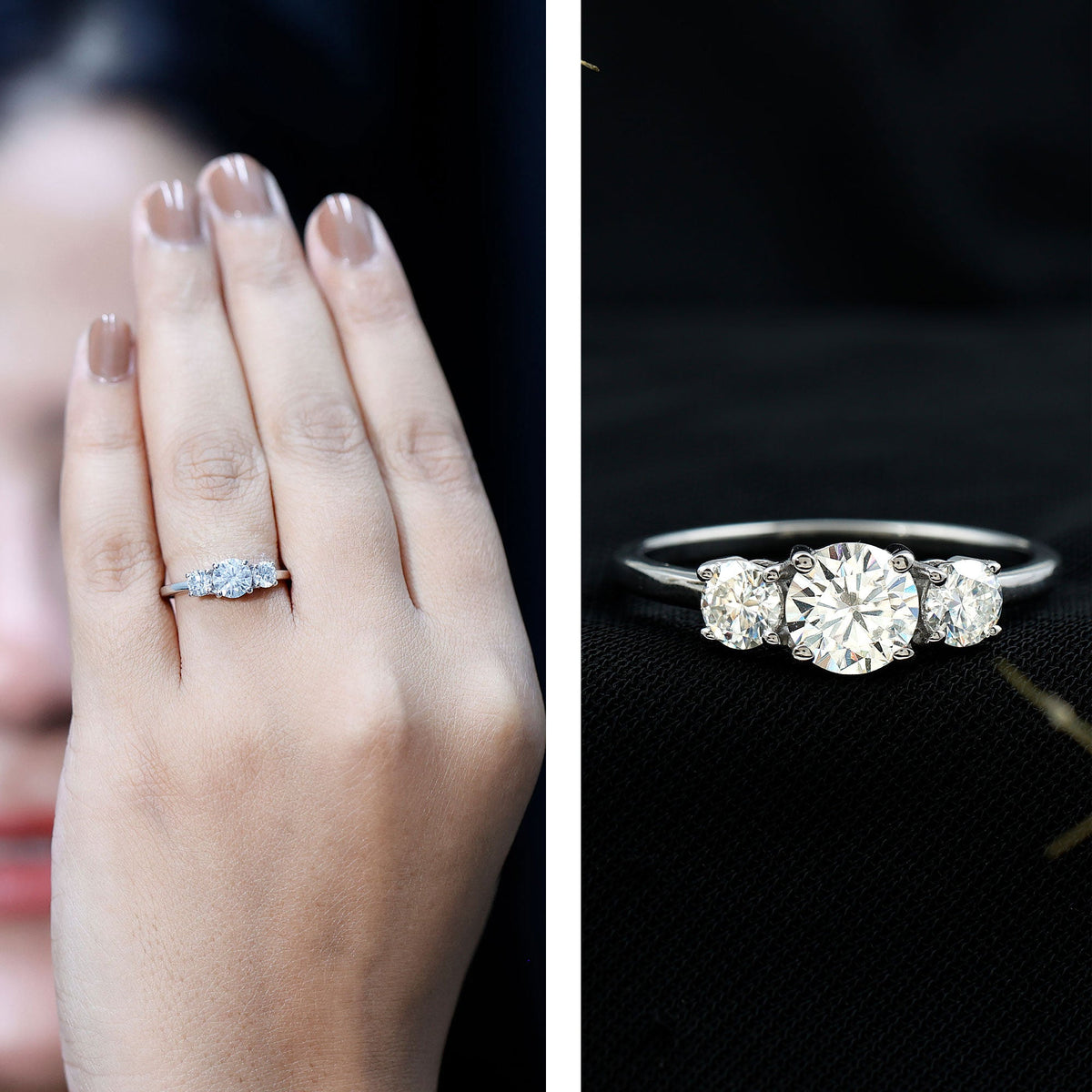Rosec Jewels certified moissanite three stone engagement ring featuring sparkling gemstones and a elegant silver band.