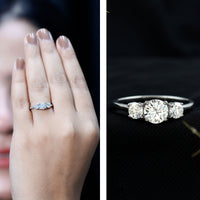 Rosec Jewels certified moissanite three stone engagement ring featuring sparkling gemstones and a elegant silver band.
