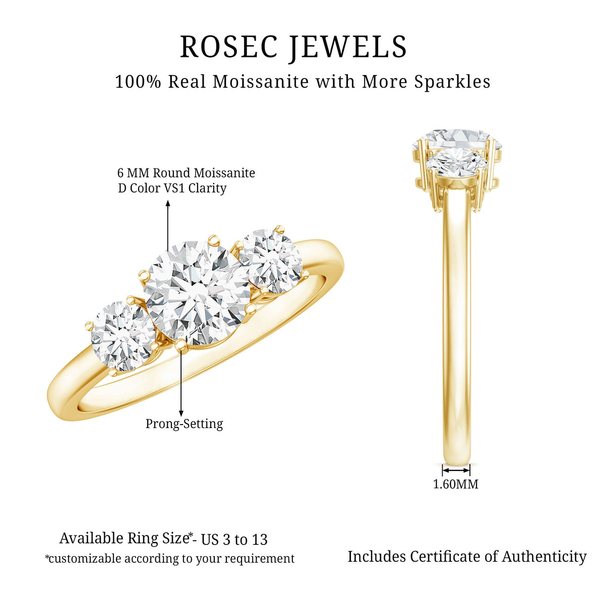 Three-stone moissanite engagement ring for her by Rosec Jewels, featuring sparkling center and side stones on a sleek band.