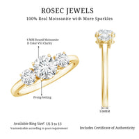 Three-stone moissanite engagement ring for her by Rosec Jewels, featuring sparkling center and side stones on a sleek band.