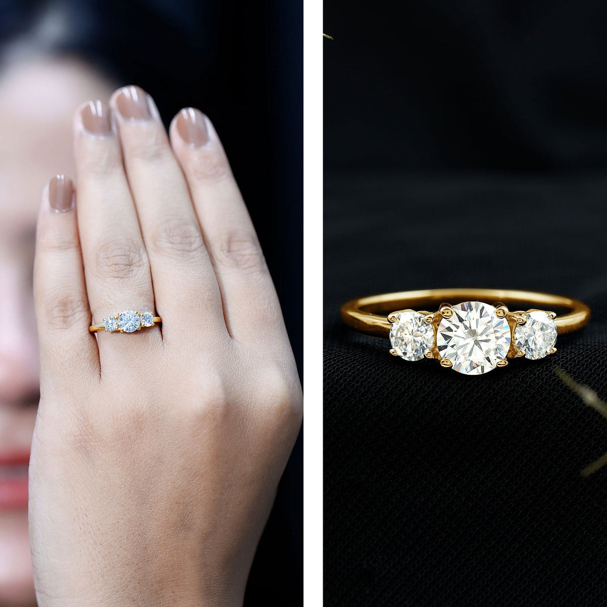 Rosec Jewels certified moissanite three stone engagement ring with sparkling stones and intricate band design.
