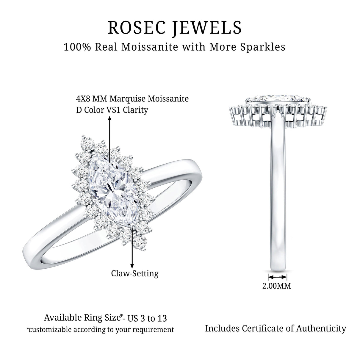 Brilliant cut moissanite marquise engagement ring by Rosec Jewels featuring sparkling gemstone set in elegant ring band.