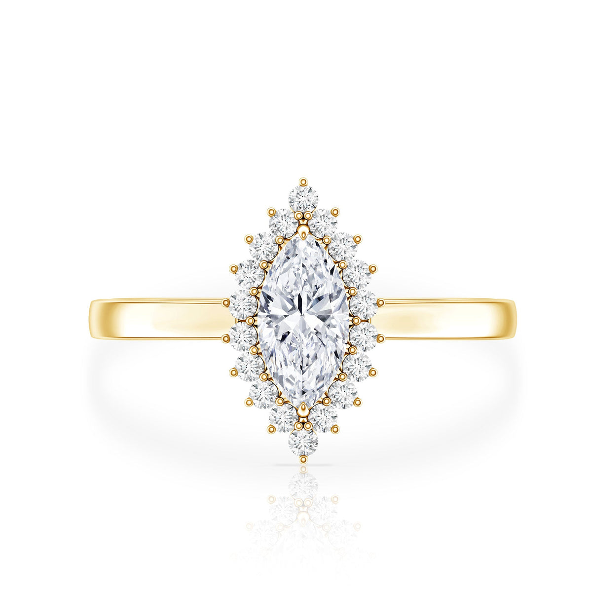 Brilliant cut moissanite marquise engagement ring with side stones, set in a rose gold band, from Rosec Jewels.