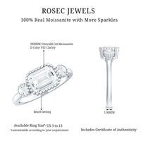 Emerald cut moissanite 3-stone engagement ring in east-west style with rose gold band, showcasing sparkling gemstones and elegant design