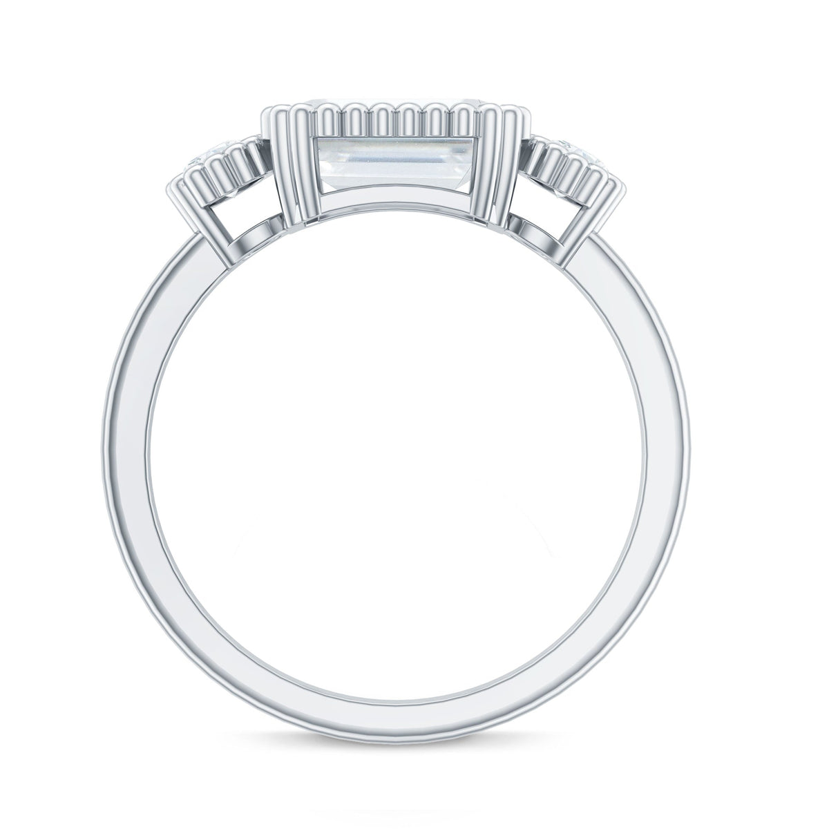 Emerald cut moissanite 3-stone engagement ring in east-west style with rose gold band by Rosec Jewels.