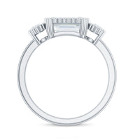 Emerald cut moissanite 3-stone engagement ring in east-west style with rose gold band by Rosec Jewels.