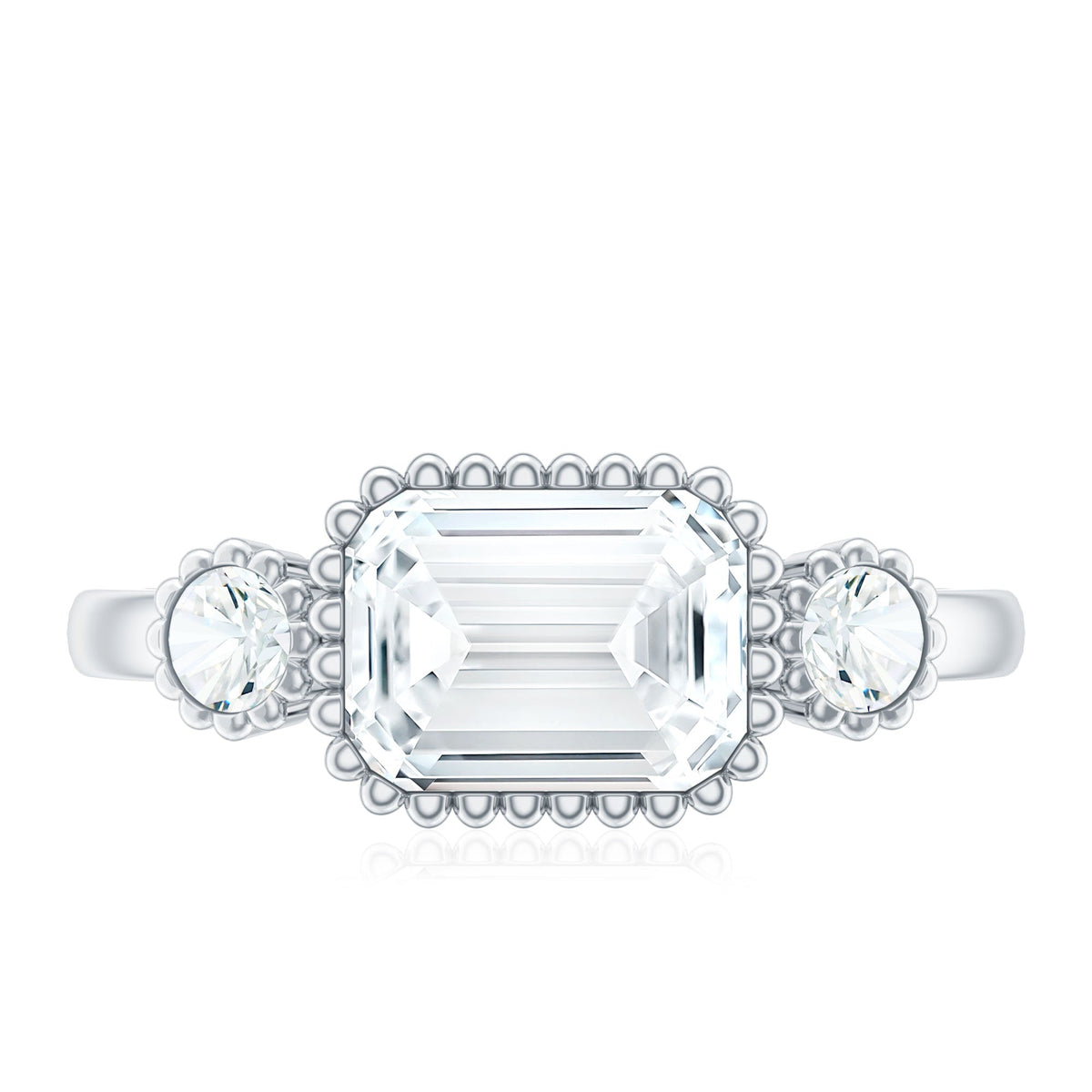 Emerald cut moissanite 3-stone engagement ring in east-west style with rose gold band by Rosec Jewels