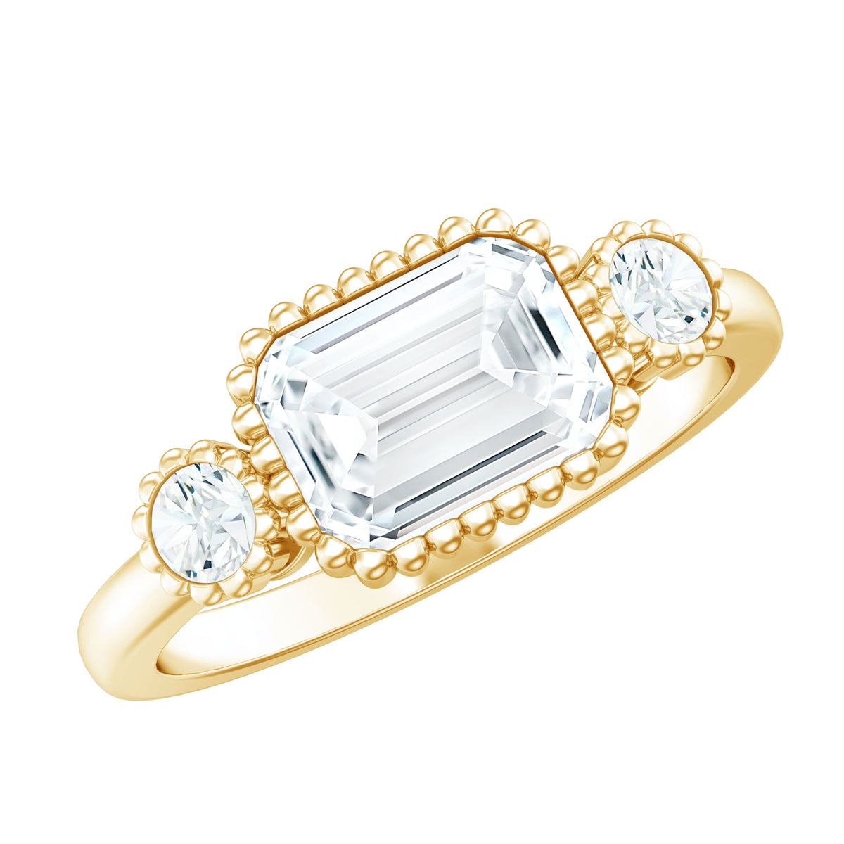 Emerald cut moissanite three-stone engagement ring in east-west style with rose gold band by Rosec Jewels