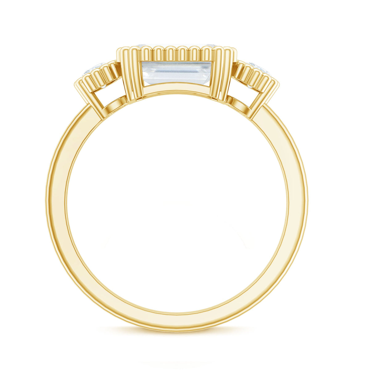 Emerald cut moissanite 3-stone engagement ring in east-west style with rose gold band from Rosec Jewels.