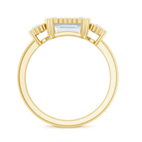 Emerald cut moissanite 3-stone engagement ring in east-west style with rose gold band from Rosec Jewels.