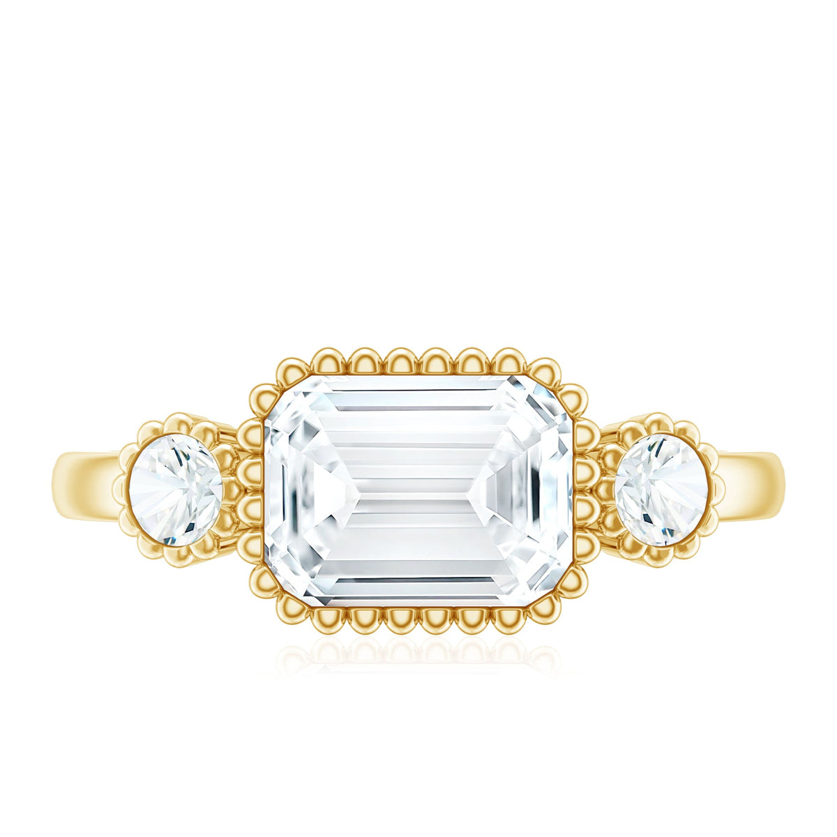 Emerald cut moissanite 3-stone engagement ring in east-west style, featuring sparkling stones set in a rose gold band.