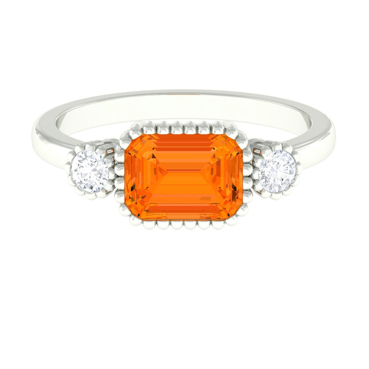 East West Fire Opal engagement ring with diamond accents from Rosec Jewels, showcasing a vibrant fire opal centerpiece and sparkling diamonds.