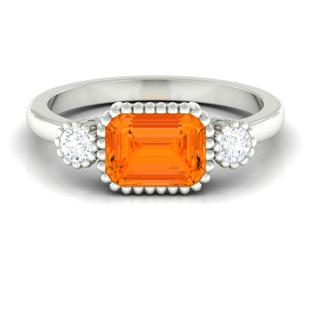 East West Fire Opal engagement ring with diamonds by Rosec Jewels, featuring a vibrant fire opal centerpiece and sparkling side stones.