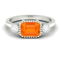 East West Fire Opal engagement ring with diamonds by Rosec Jewels, featuring a vibrant fire opal centerpiece and sparkling side stones.