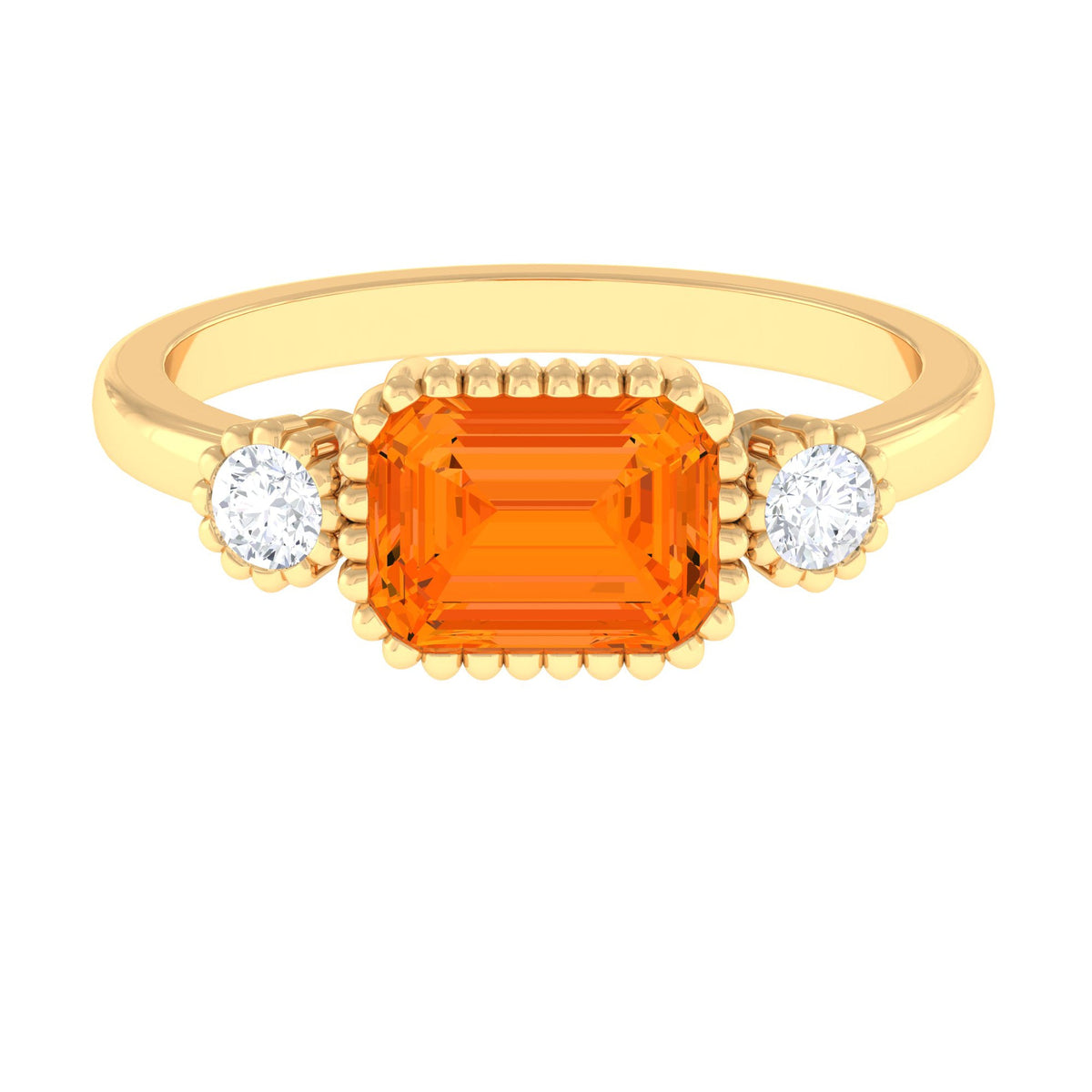 East West Fire Opal engagement ring with diamonds by Rosec Jewels, showcasing a vibrant fire opal center and sparkling side diamonds.