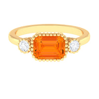East West Fire Opal engagement ring with diamonds by Rosec Jewels, showcasing a vibrant fire opal center and sparkling side diamonds.