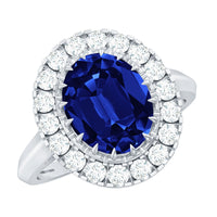 Certified 4 Carat Lab Grown Blue Sapphire Oval Engagement Ring with Diamond Halo