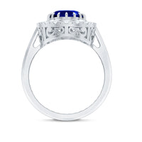 Certified 4 Carat Lab Grown Blue Sapphire Oval Engagement Ring with Diamond Halo