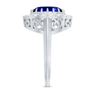 Certified 4 Carat Lab Grown Blue Sapphire Oval Engagement Ring with Diamond Halo