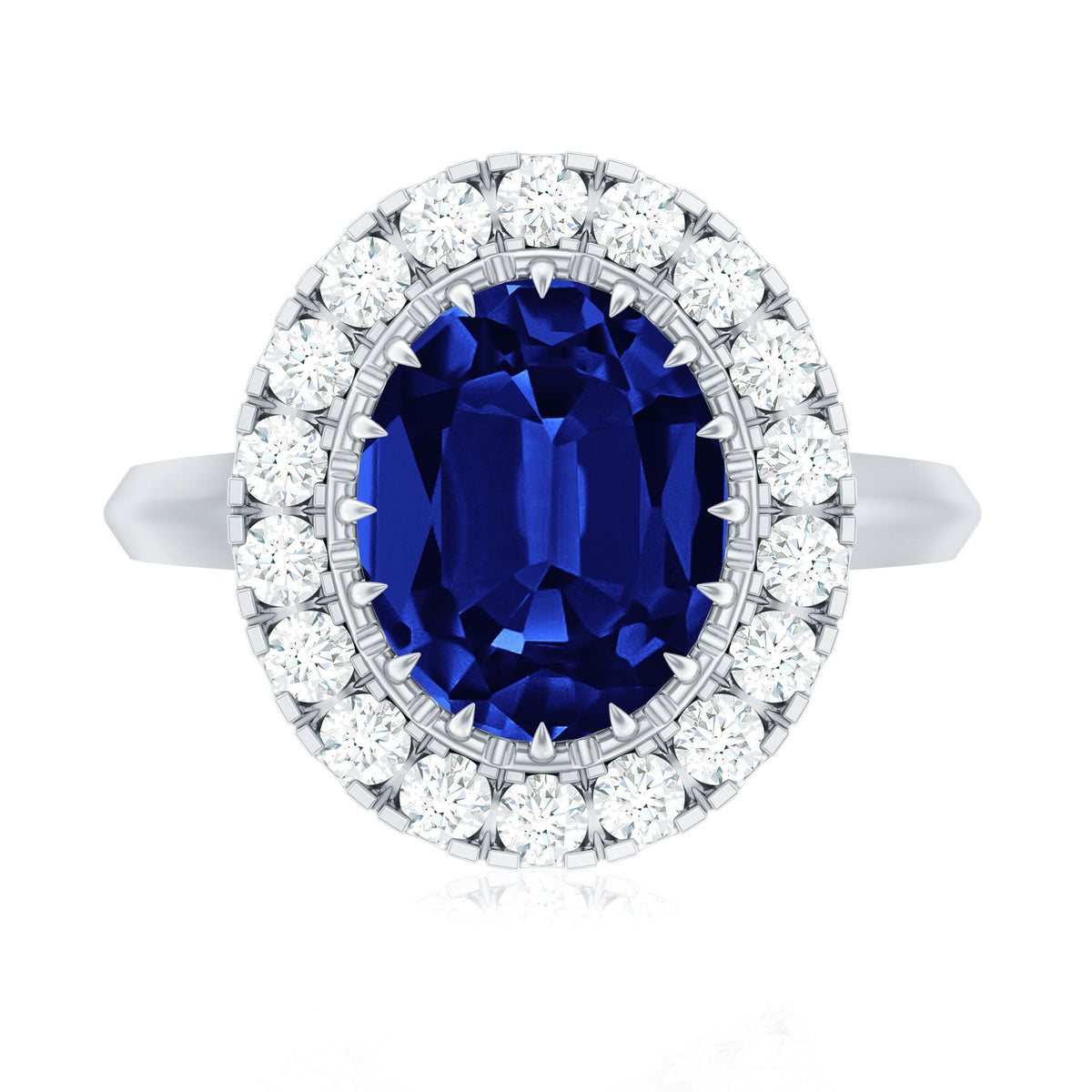 Certified 4 Carat Lab Grown Blue Sapphire Oval Engagement Ring with Diamond Halo