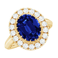 Certified 4 Carat Lab Grown Blue Sapphire Oval Engagement Ring with Diamond Halo