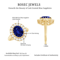 Certified 4 Carat Lab Grown Blue Sapphire Oval Engagement Ring with Diamond Halo