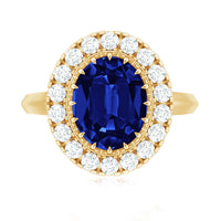 Certified 4 Carat Lab Grown Blue Sapphire Oval Engagement Ring with Diamond Halo