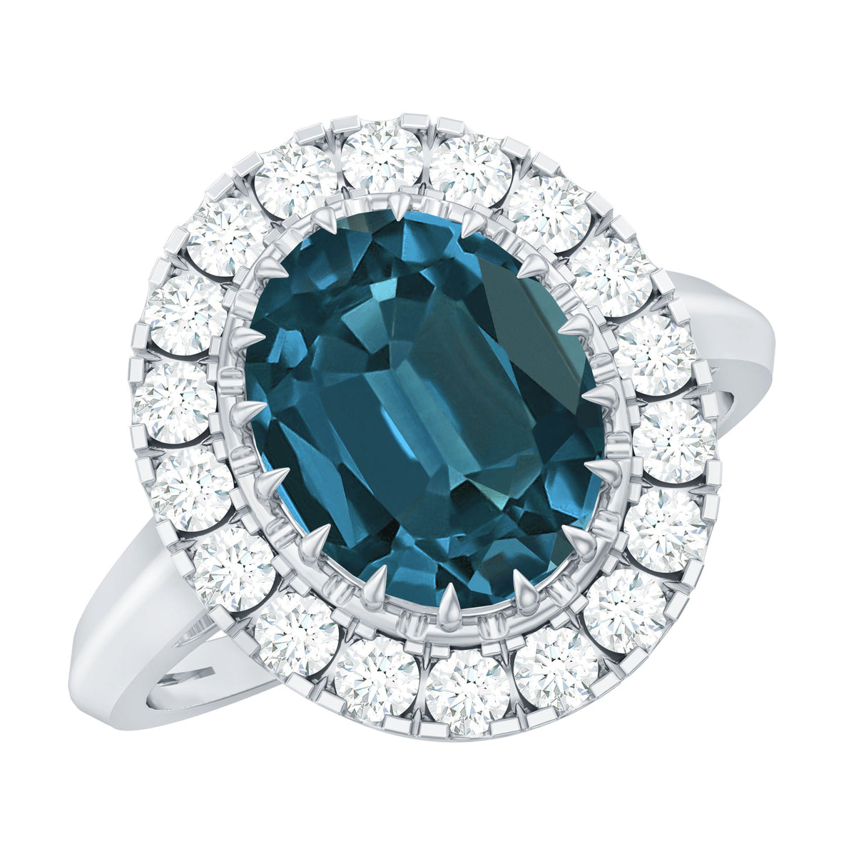 Rosec Jewels London Blue Topaz engagement ring with a large blue topaz gemstone and diamond accents in a statement design.